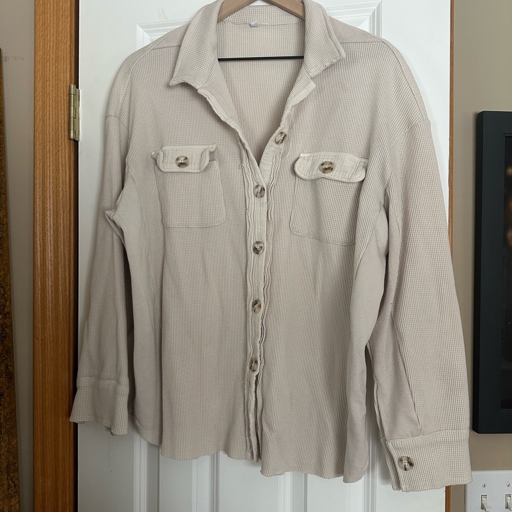 Neutral Waffle Knit Button Down Shacket | Oversized Cream Shirt Jacket